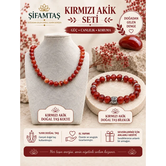 Kırmızı Akik Doğal Taş Seti (Bileklik ve Kolye)