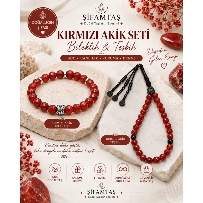 Kırmızı Akik Doğal Taş Seti (Bileklik ve Tesbih)