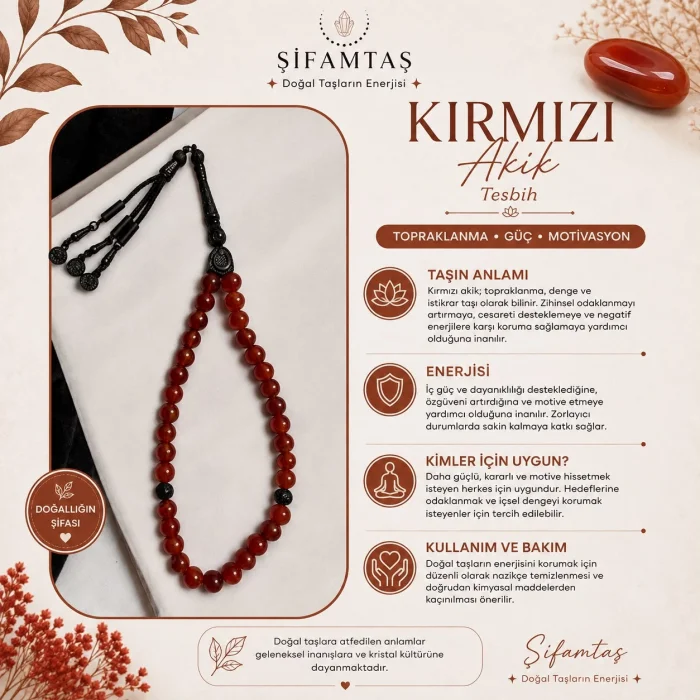 Kırmızı Akik Doğal Taş Tesbih