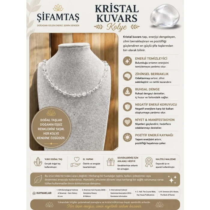 Kristal Kuvars Doğal Taş Kolye