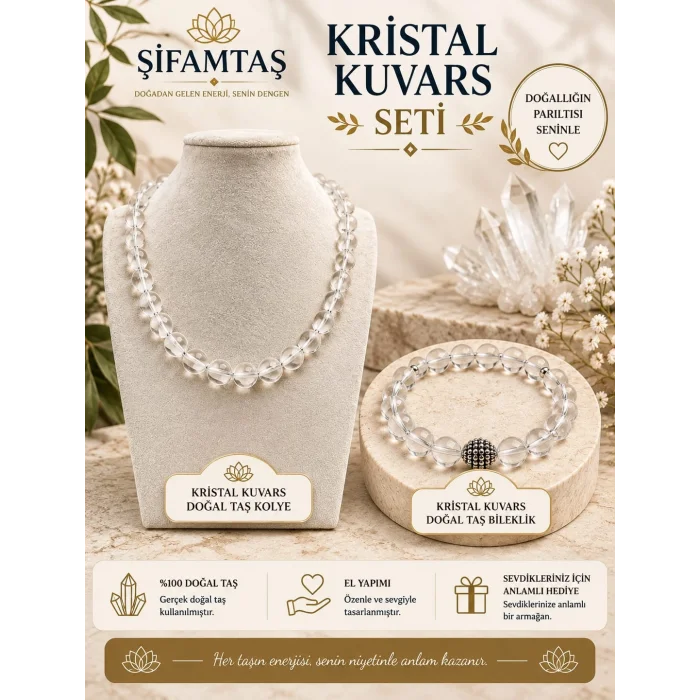 Kristal Kuvars Doğal Taş Seti (Bileklik ve Kolye)