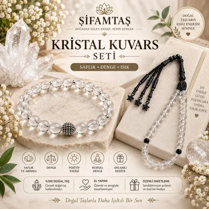 Kristal Kuvars Doğal Taş Seti (Bileklik ve Tesbih)