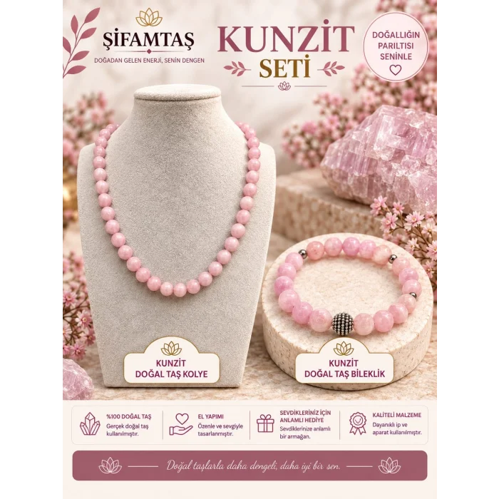 Kunzit Doğal Taş Seti (Bileklik ve Kolye)