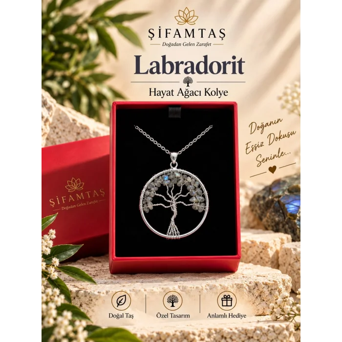 Labradorit Doğal Taş Hayat Ağacı Kolye