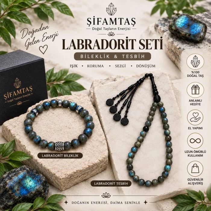 Labradorit Doğal Taş Seti (Bileklik ve Tesbih)