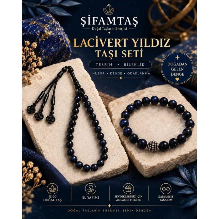 Lacivert Yıldız Doğal Taş Seti (Bileklik ve Tesbih)