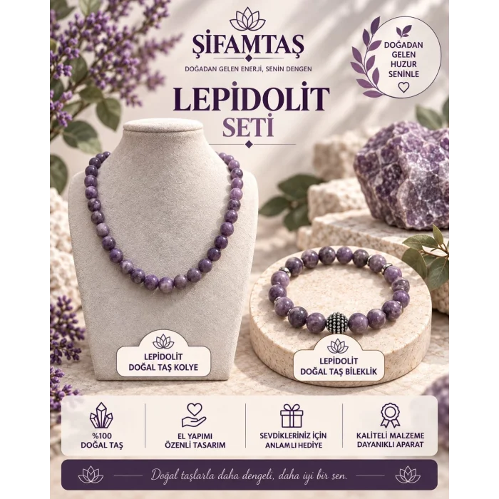 Lepidolit Doğal Taş Seti (Bileklik ve Kolye)