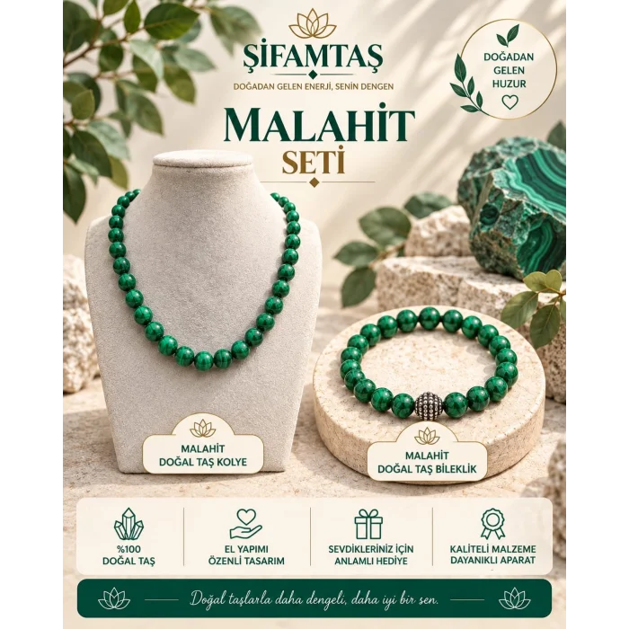 Malahit Doğal Taş Seti (Bileklik ve Kolye)