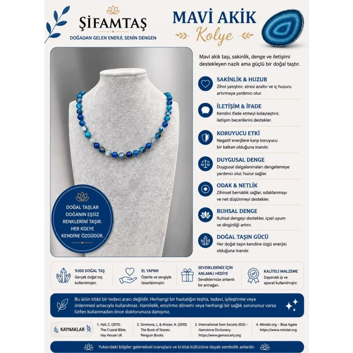 Mavi Akik Doğal Taş Kolye
