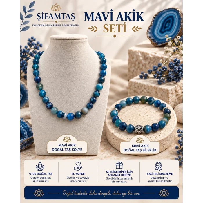 Mavi Akik Doğal Taş Seti (Bileklik ve Kolye)