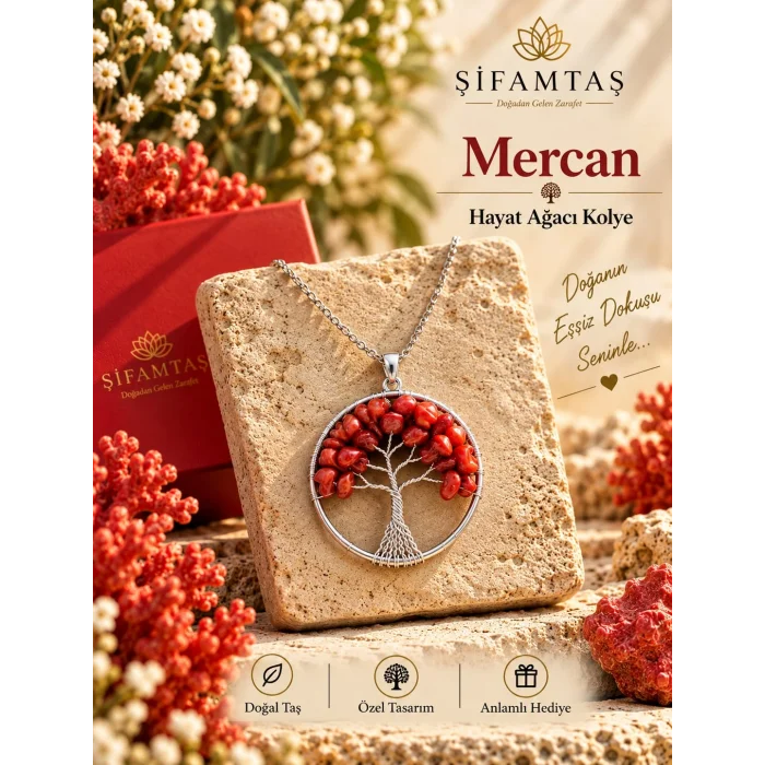 Mercan Doğal Taş Hayat Ağacı Kolye