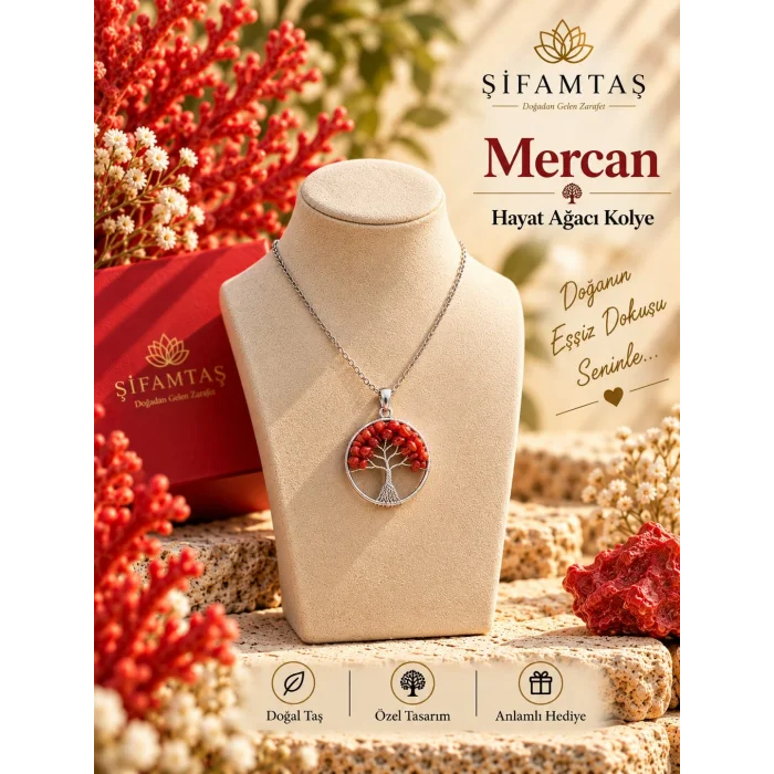 Mercan Doğal Taş Hayat Ağacı Kolye