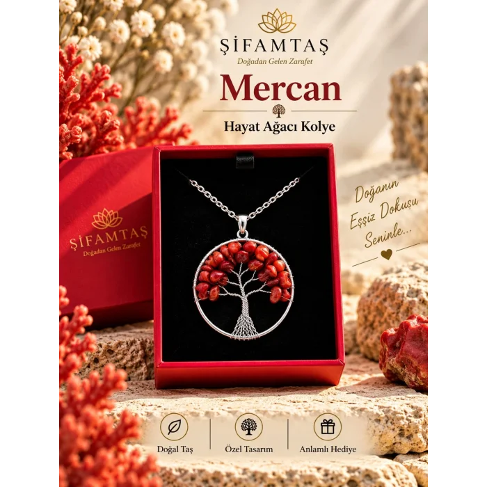 Mercan Doğal Taş Hayat Ağacı Kolye