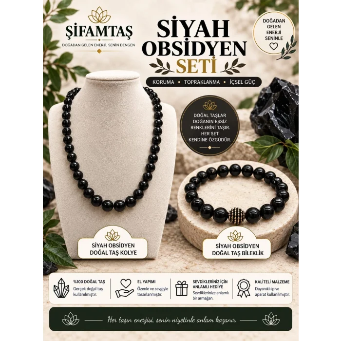 Obsidyen Doğal Taş Seti (Bileklik ve Kolye)