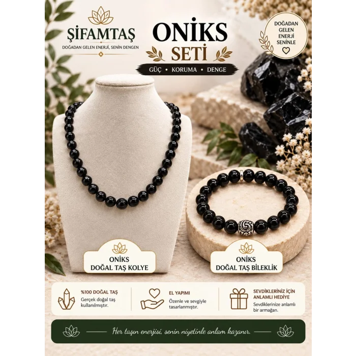 Oniks Doğal Taş Seti (Bileklik ve Kolye)
