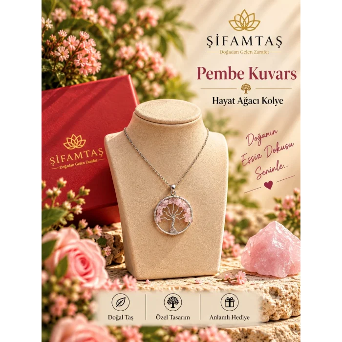 Pembe Kuvars Doğal Taş Hayat Ağacı Kolye