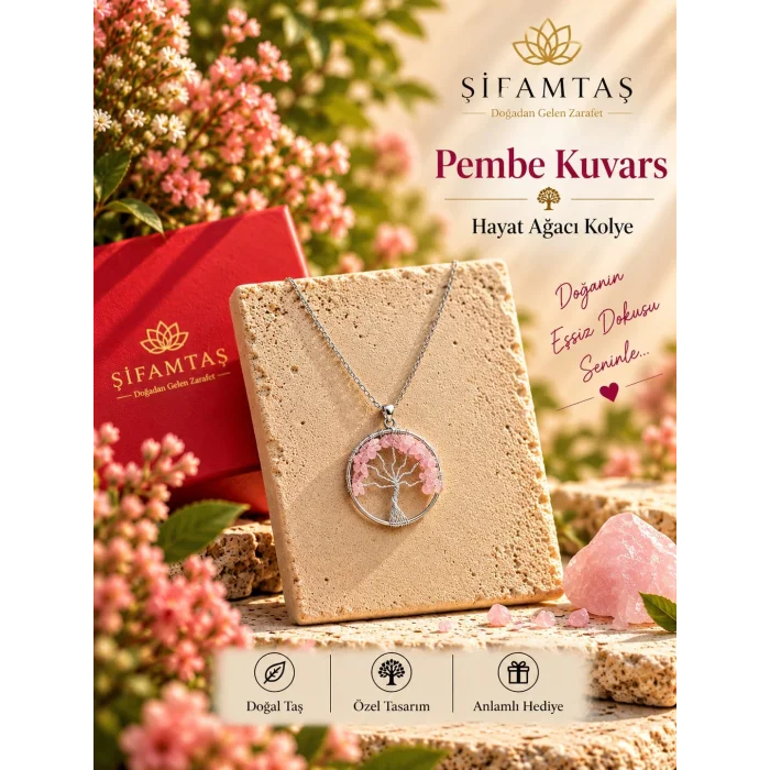 Pembe Kuvars Doğal Taş Hayat Ağacı Kolye
