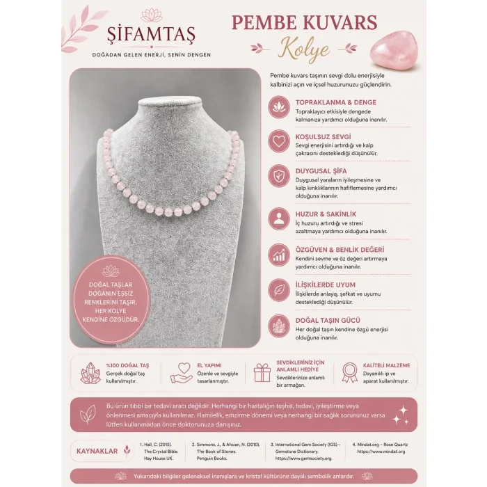 Pembe Kuvars Doğal Taş Kolye