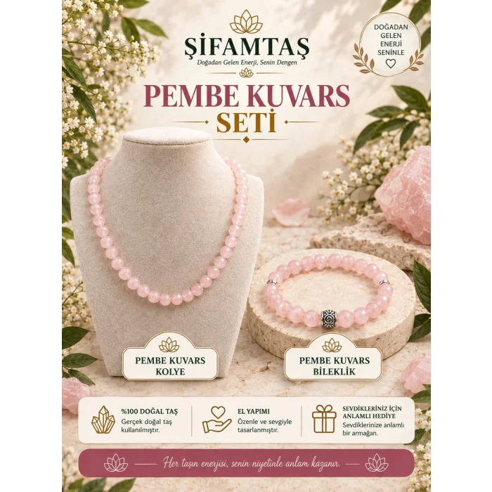 Pembe Kuvars Doğal Taş Seti (Bileklik ve Kolye)