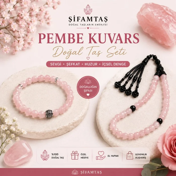 Pembe Kuvars Doğal Taş Seti (Bileklik ve Tesbih)