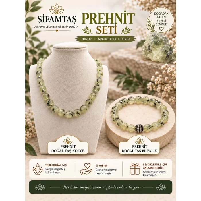 Prehnit Doğal Taş Seti (Bileklik ve Kolye)