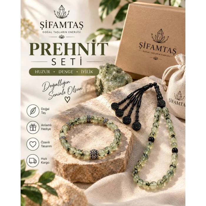 Prenhit Doğal Taş Seti (Bileklik ve Tesbih)