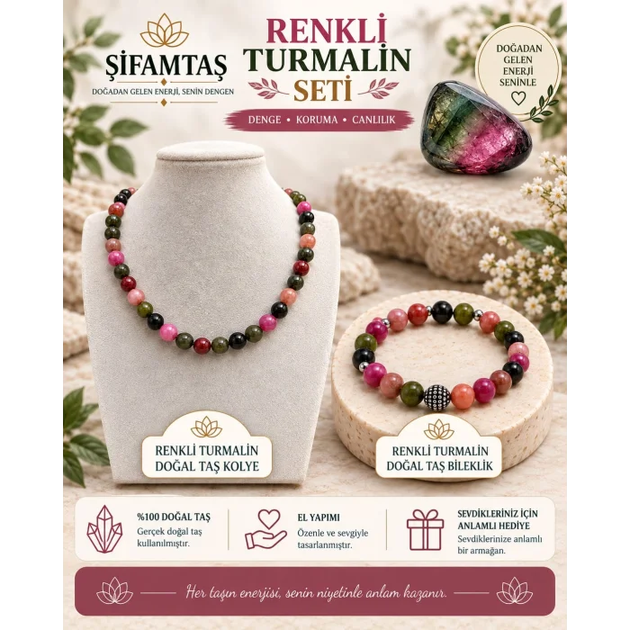 Renkli Turmalin Doğal Taş Seti (Bileklik ve Kolye)
