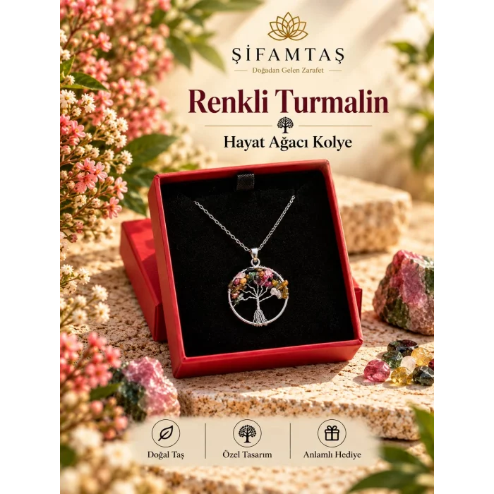 Renkli Turmalin Hayat Ağacı Kolye