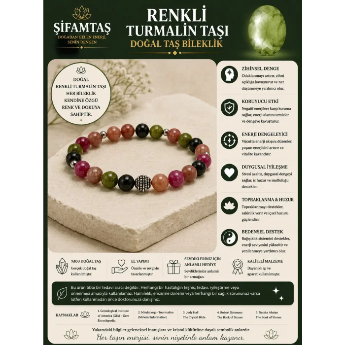 Renkli Turmalin Taşı Doğal Taş Bileklik