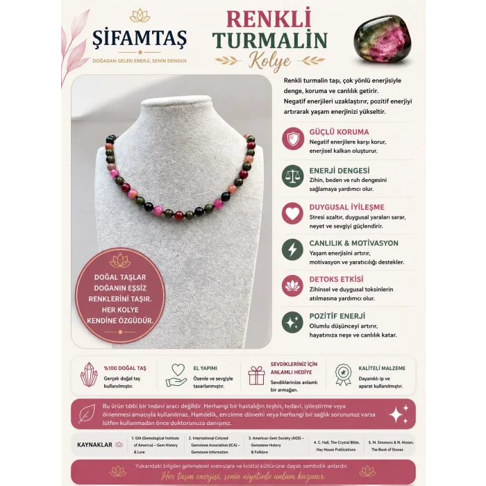 Renkli Turmalin Taşı Doğal Taş Kolye