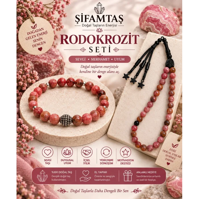 Rodokrozit Doğal Taş Seti (Bileklik ve Tesbih)