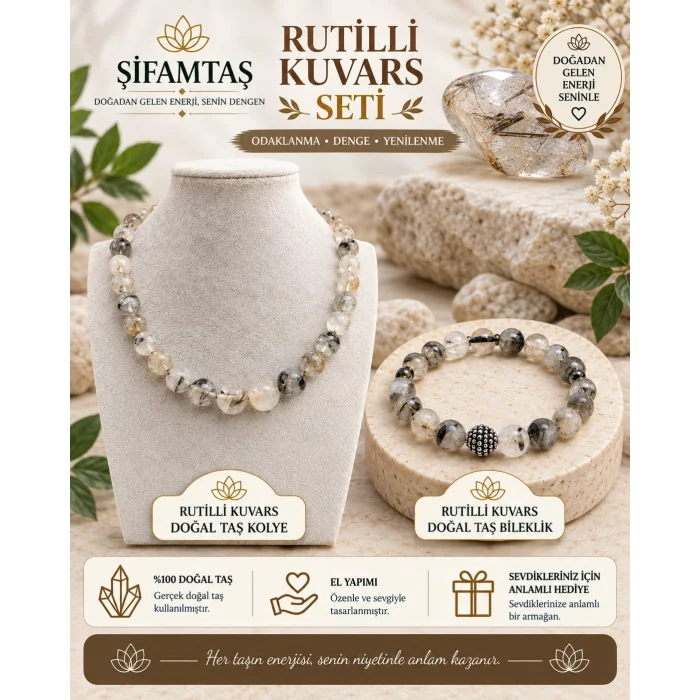 Rutilli Kuvars Doğal Taş Seti (Bileklik ve Kolye)