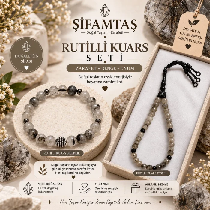 Rutilli Kuvars Doğal Taş Seti (Bileklik ve Tesbih)