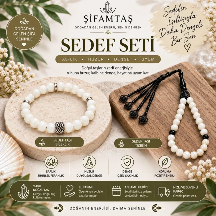Sedef Doğal Taş Seti (Bileklik ve Tesbih)