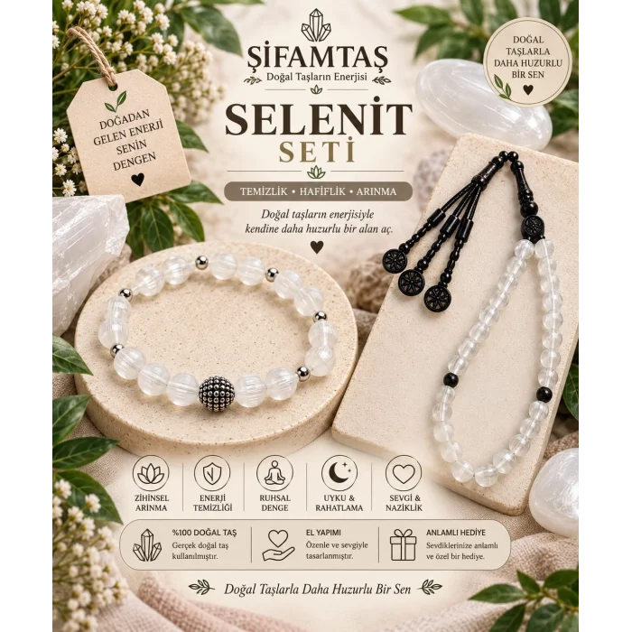 Selenit Doğal Taş Seti (Bileklik ve Tesbih)