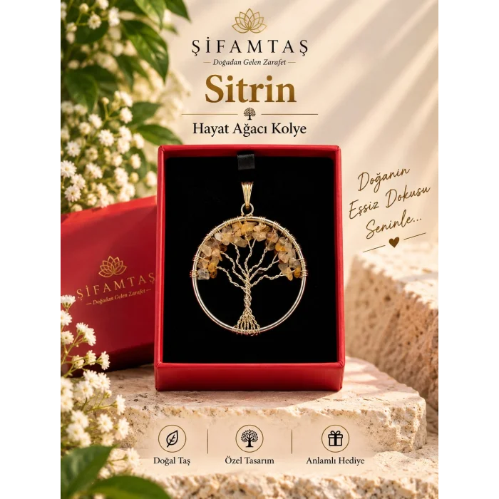 Sitrin Doğal Taş Hayat Ağacı Kolye
