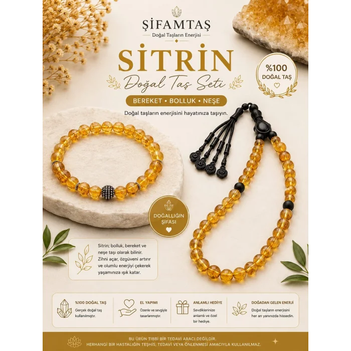 Sitrin Doğal Taş Seti (Bileklik ve Tesbih)