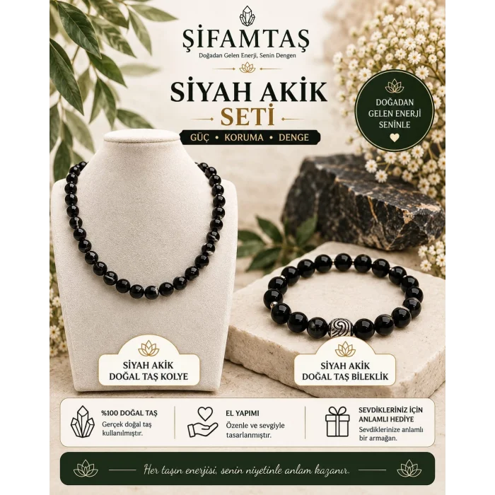 Siyah Akik Doğal Taş Seti (Bileklik ve Kolye)