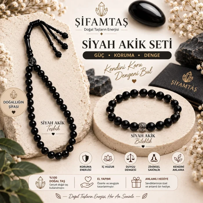 Siyah Akik Doğal Taş Seti (Bileklik ve Tesbih)
