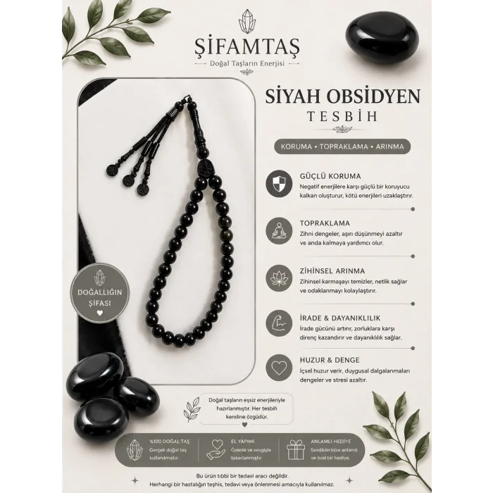 Siyah Obsidyen Doğal Taş Tesbih