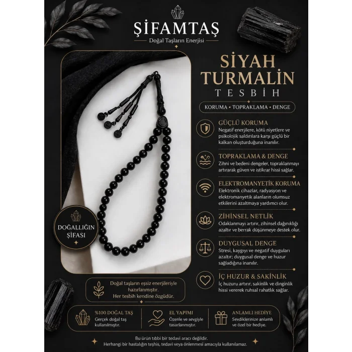 Siyah Turmalin Doğal Taş Tesbih