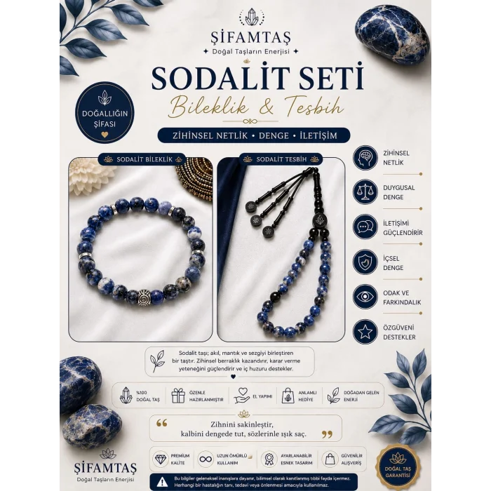 Sodalit Doğal Taş Seti (Bileklik ve Tesbih)