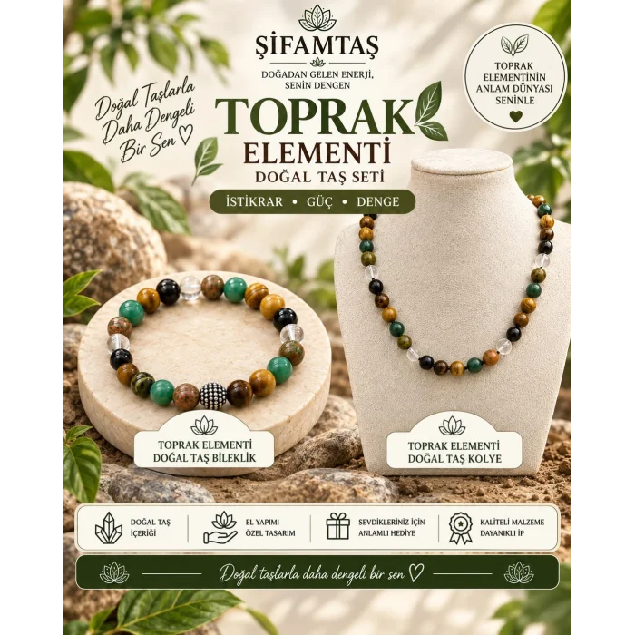 Toprak Elementi Doğal Taş Seti (Kolye ve Bileklik)