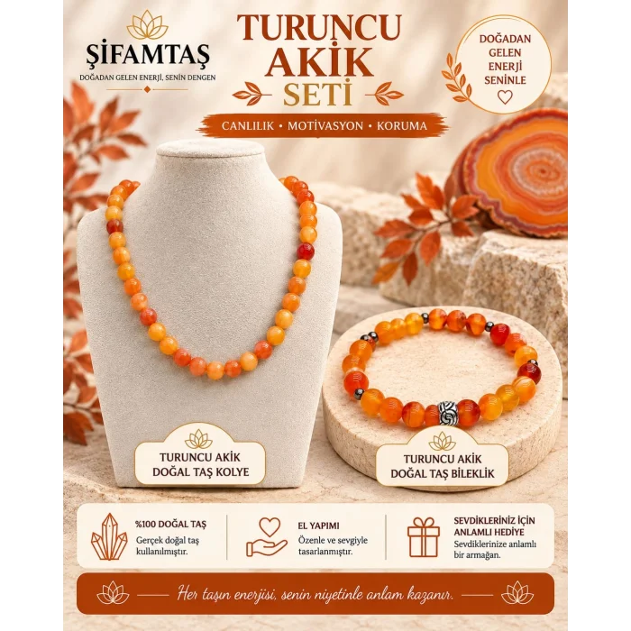 Turuncu Akik Doğal Taş Seti (Bileklik ve Kolye)
