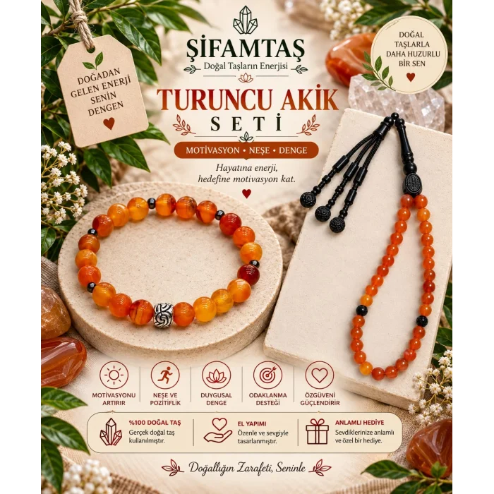 Turuncu Akik Doğal Taş Seti (Bileklik ve Tesbih)