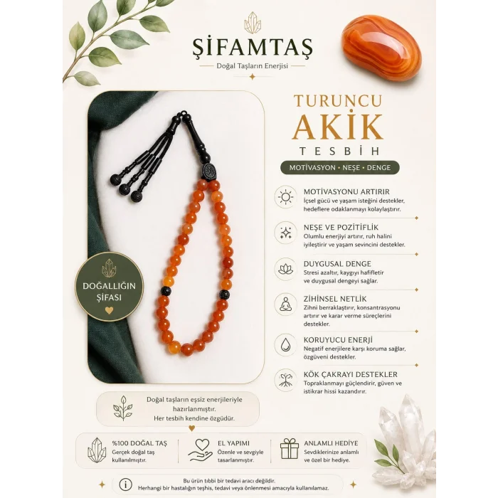 Turuncu Akik Doğal Taş Tesbih