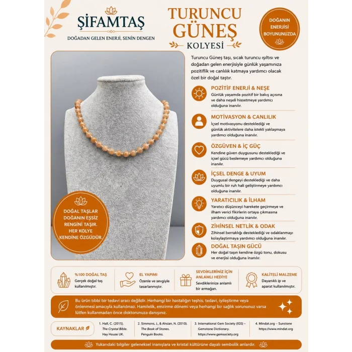 Turuncu Güneş Taşı Doğal Taş Kolye