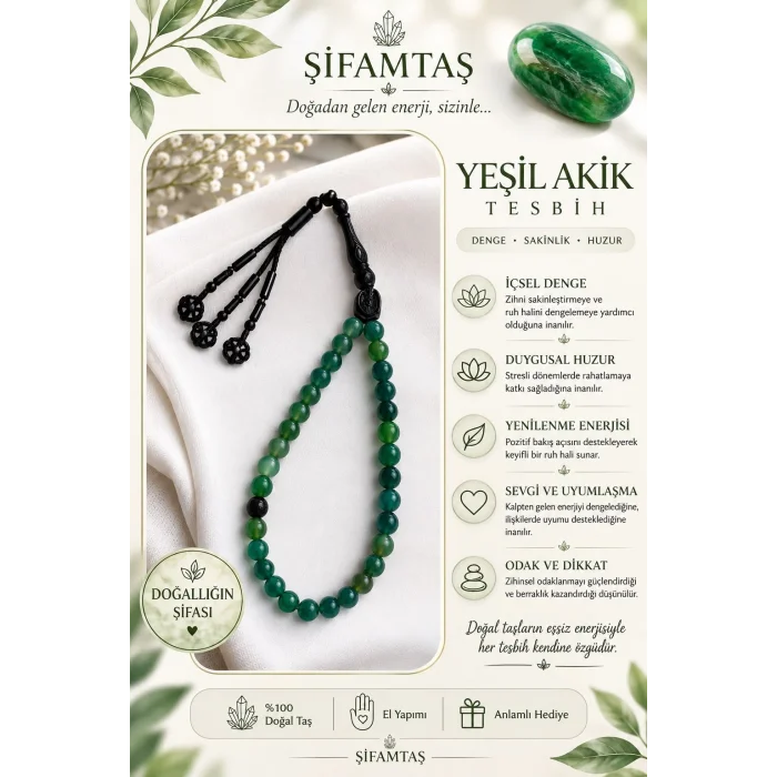 Yeşil Akik Doğal Taş Tesbih