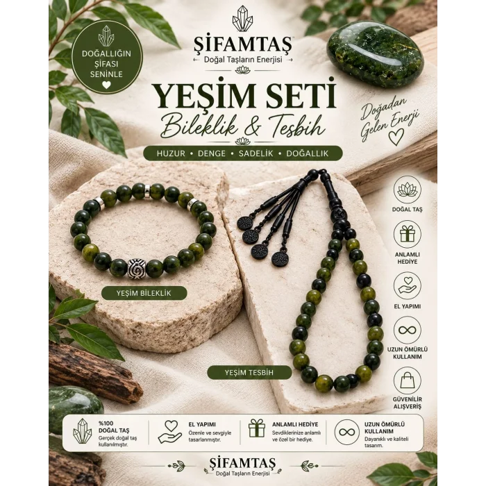 Yeşim Doğal Taş Seti (Bileklik ve Tesbih)