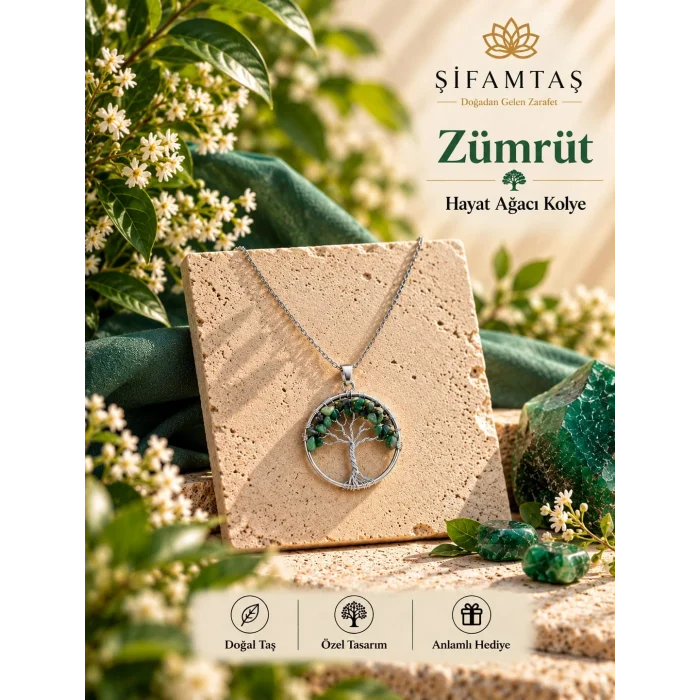 Zümrüt Doğal Taş Hayat Ağacı Kolye
